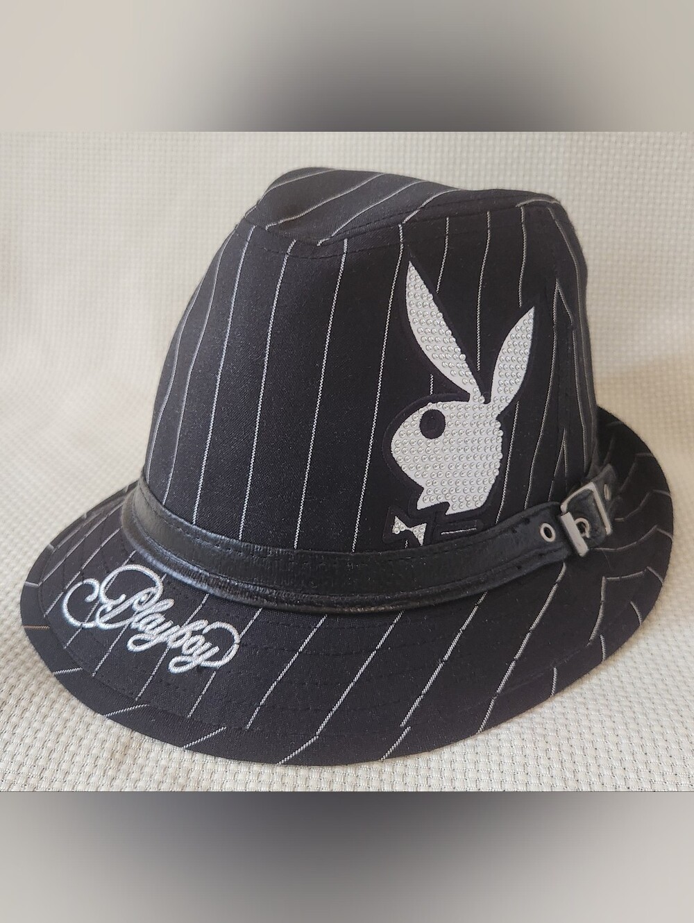 Vintage Y2K Playboy Bunny Pinstripe Fedora Hat Black Silver Metallic McBling S/M